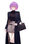  1girl :d absurdres alternate_costume alternate_hairstyle bag black-framed_eyewear black_bag black_coat black_shoes black_sweater coat crossed_bangs dimazu feet_out_of_frame green_eyes grey_skirt handbag highres hololive long_coat looking_at_viewer multicolored_hair pink_hair pink_nails plaid_clothes plaid_coat plaid_skirt purple_hair ribbed_sweater shirt_tucked_in shoes short_hair simple_background skirt smile solo straight-on sweater teeth tokoyami_towa turtleneck turtleneck_sweater two-sided_coat two-sided_fabric two-tone_hair upper_teeth_only virtual_youtuber white_background 