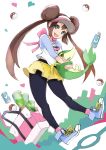  1girl bana_(stand_flower) black_legwear blue_eyes blush bow breasts brown_hair double_bun hat highres legwear_under_shorts long_hair looking_at_viewer mei_(pokemon) open_mouth pantyhose pink_bow poke_ball pokemon pokemon_(creature) pokemon_(game) pokemon_bw2 pokemon_masters raglan_sleeves shirt shoes short_shorts shorts simple_background smile sneakers snivy twintails very_long_hair visor_cap yellow_shorts 