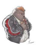  2020 anthro barguest_(tas) belly blush clothing embear_2019 hi_res humanoid_hands kemono male mammal overweight overweight_male shirt simple_background solo tokyo_afterschool_summoners topwear ursid video_games white_background 