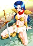  1girl arikawa armor asou_yuuko bikini_armor blue_eyes blue_hair boots breasts cleavage commentary_request knee_boots long_hair looking_at_viewer midriff mugen_senshi_valis open_mouth scarf shoulder_pads skirt solo sword weapon 