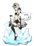  1girl :d absurdres animal_ear_fluff animal_ears arknights armband bandeau bangs bare_arms bare_shoulders black_footwear black_gloves black_shorts boots breasts cabbie_hat checkered cliffheart_(arknights) commentary dress drop_shadow eyebrows_visible_through_hair full_body fur-trimmed_boots fur_trim gloves grey_eyes hair_between_eyes hand_up hat highres holding holding_weapon jewelry leopard_ears leopard_tail looking_at_viewer medium_breasts midriff navel necklace ontama_(z1p579) open_clothes open_dress open_mouth short_hair short_shorts shorts silver_hair simple_background single_thighhigh smile solo standing stomach strapless tail thighhighs thighs tubetop weapon white_background white_dress white_headwear 