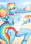 2018 aggressive anthro anthrofied areola ball beach beach_towel big_breasts biped blue_body blue_feathers bottomwear bracelet breasts buns-n-spurs clothed clothed_anthro clothed_female clothing colored cutie_mark day equid equine eyebrow_piercing eyelashes facial_piercing feathered_wings feathers female fingers friendship_is_magic front_view hair half-closed_eyes hasbro hi_res holding_ball holding_object horse hotpants humanoid_hands jewelry looking_at_viewer mammal medium_hair multicolored_hair multicolored_tail my_little_pony mythological_creature mythological_equine mythology narrowed_eyes necklace nipples open_mouth outside patreon pegasus piercing pinup pony portrait pose rainbow_dash_(mlp) red_bottomwear red_clothing red_eyes red_shorts shirt shorts solo sport standing tail tank_top three-quarter_portrait topwear towel translucent translucent_clothing translucent_topwear umbrella volleyball volleyball_(ball) white_clothing white_shirt white_tank_top white_topwear wings