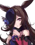  1girl animal_ears blue_flower blue_rose dress flower hair_over_one_eye hat horse_ears horse_girl kanniiepan long_hair off-shoulder_dress off_shoulder one_eye_covered pink_eyes rice_shower_(umamusume) rose simple_background solo umamusume upper_body white_background 