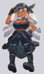  1girl :o arm_strap aviator_goggles bandana black_bandana black_boots black_gloves black_pants black_sports_bra blonde_hair boots breasts choker cleavage clothes_around_waist collarbone colored_tongue commentary dark-skinned_female dark_skin dirty dirty_face ear_piercing english_commentary eyes_visible_through_hair fang fingerless_gloves full_body gloves goggles goggles_on_head gradient_hair grey_choker hair_between_eyes hand_on_headwear hand_on_own_hip highres inkling inkling_girl inkling_player_character jacket jacket_around_waist jinkoika large_breasts long_hair looking_at_viewer midriff mole mole_on_breast multicolored_hair navel open_mouth pants piercing pointy_ears red_hair rubber_boots second-party_source solo splatoon_(series) sports_bra tentacle_hair yellow_eyes yellow_tongue 