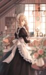 1girl apron armchair artist_request back_bow black_dress blue_eyes blunt_bangs book bookshelf bow brown_hair candle candlestand ceiling_light chair criss-cross_back-straps curtains day dress drill_hair eyelashes feet_out_of_frame flower from_behind game_cg hair_bow hairband happy highres indoors juliet_sleeves lace-trimmed_apron lace-trimmed_sleeves lace_hairband lace_trim lamp light_particles light_rays living_room lolory_(shining_nikki) long_dress long_hair long_sleeves looking_to_the_side maid maid_headdress nikki_(series) official_art outstretched_hand parted_lips pillow pink_flower pink_rose pleated_dress puffy_sleeves rose shining_nikki side_ponytail sidelocks sleeve_cuffs smile solo sunlight table teresa_afternoon_tea_(shining_nikki) vase white_apron white_bow white_hairband white_sleeve_cuffs window 