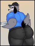 anthro big_butt black_bottomwear black_clothing black_ears black_pants blue_clothing blue_shirt blue_topwear bluedomstar bone bottomwear butt canid canine chumblings clothed clothing container domino&#039;s_pizza fluffy fluffy_head fluffy_tail food fully_clothed fur glare grey_body grey_fur hair hat headgear headwear huge_butt looking_at_viewer looking_back male mammal mask multicolored_hair narrowed_eyes overweight overweight_male pants pizza pizza_box rear_view shirt skeleton_dog skull skull_mask skulldog_(species) slightly_chubby solo squint tail thick_thighs tight_bottomwear tight_clothing tight_pants topwear two_tone_hair wide_hips yellow_eyes