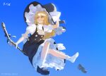  1girl black_hat black_shoes black_skirt black_vest blonde_hair blue_sky broom commentary_request day flying frilled_skirt frills hat highres kirisame_marisa long_hair midair nsan outdoors puffy_short_sleeves puffy_sleeves shirt shoes short_sleeves sitting skirt sky smile socks solo teeth touhou turtleneck turtleneck_shirt twitter_username unworn_shoe vest white_shirt white_socks witch_hat yellow_eyes 