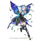  1girl black_thighhighs blue_eyes blue_hair blush breasts bridal_gauntlets bug butterfly butterfly_wings closed_mouth damaged detached_sleeves dress fairy_wings fire_emblem fire_emblem_fates fire_emblem_heroes flora_(fire_emblem) flora_(resplendent)_(fire_emblem) flower gloves hair_flower hair_ornament headdress holding holding_sword holding_weapon insect_wings large_breasts long_hair long_sleeves looking_at_viewer maid maid_headdress nima_(niru54) official_alternate_costume official_art one_eye_closed simple_background solo sword thighhighs torn_clothes twintails weapon white_background wings 