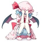 1girl absurdres ascot bat_wings bloomers blue_hair blush bow brooch charisma_guard closed_mouth collared_shirt commentary footwear_bow frilled_shirt_collar frills hands_on_headwear hat hat_ribbon highres immaterial_and_missing_power jewelry mob_cap pink_hat pink_shirt pink_shoes pink_skirt pioartstuff red_ascot red_bow red_ribbon remilia_day remilia_scarlet ribbon shirt shoes short_sleeves skirt sleeve_bow socks touhou translated transparent_background upskirt white_bloomers white_socks wings 