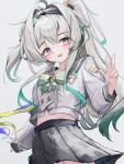  1girl ahoge alternate_hairstyle black_hairband blue_pupils blush bow bowtie buttons colored_tips commentary_request cowboy_shot crop_top double-breasted firefly_(honkai:_star_rail) firefly_(spring_missive)_(honkai:_star_rail) green_bow green_bowtie green_hair grey_hair grey_sailor_collar grey_skirt hair_intakes hairband hand_up highres honkai:_star_rail honkai_(series) kari90909 long_sleeves looking_at_viewer multicolored_hair official_alternate_costume open_mouth pink_eyes pleated_skirt ponytail sailor_collar shirt sidelocks simple_background skirt solo stomach w white_background white_shirt 