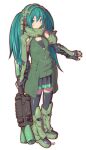  1girl boots commentary_request cosplay crossover fingerless_gloves gloves green_eyes green_hair gundam hatsune_miku hatsune_miku_(cosplay) headgear holding holding_weapon looking_at_viewer machinery mecha_musume mecha_pilot_suit mobile_suit_gundam otaku pilot science_fiction signature solo tessaku_ro vocaloid weapon white_background zaku_ii zaku_ii_(cosplay) zeon 