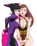  absurdres bare_shoulders black_hair bodysuit breasts chinese_clothes chun-li cleavage drill_hair fingerless_gloves gloves han_juri highres large_breasts lipstick long_hair looking_at_viewer makeup multiple_girls nail_polish open_mouth purple_eyes ryohhe short_hair simple_background smile street_fighter street_fighter_v twin_drills white_background 