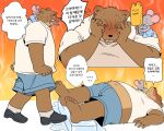 2025 anthro bear bottomwear brown_body celestine_(ernest_and_celestine) clothing duo ernest_(ernest_and_celestine) ernest_and_celestine eyes_closed ham_won_art hi_res ice kemono korean_text lying male mammal mouse murid murine overweight overweight_male rodent shirt shorts size_difference text topwear translation_request walking