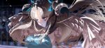  1girl absurdres aqua_pantyhose blonde_hair blue_eyes breasts clerical_collar cone_horns curled_horns curtained_hair debg0423 ereshkigal_(fate) fate/grand_order fate_(series) floating floating_hair frills hair_ribbon highres horns leotard long_hair long_sleeves medium_breasts multicolored_horns pantyhose parted_bangs partially_shaded_face puff_and_slash_sleeves puffy_sleeves ribbon shadow smile solo space_ereshkigal_(fate) space_ereshkigal_(third_ascension)_(fate) two-tone_one-piece_swimsuit 
