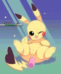  1girl anal anal_object_insertion animal_sexualization animated animated_gif cleft_of_venus commentary english_commentary fangs highres kekitopu lying object_insertion on_back one_eye_closed open_mouth pikachu pokemon pokemon_(creature) pussy uncensored 