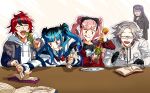  2boys 3girls ^_^ ahoge amemiya_darumi animatingcat aotsuki_eito black_bow black_gloves black_hair black_hairband black_sailor_collar black_streaks blue_hair blue_jacket book bow closed_eyes dead_animal double_bun drawstring eating facial_mark fork frog glasses gloves grey_hair grey_jacket hair_bow hair_bun hairband hashtag-only_commentary heart heart_facial_mark highres holding holding_fork holding_knife holding_paper holding_skewer hood hoodie imminent_bite jacket jacket_over_hoodie knife long_hair makeup multicolored_hair multicolored_jacket multiple_boys multiple_girls mustard mustard_bottle outline paper pink_eyes pink_hair plate purple_hair red_eyes red_hair red_serafuku safety_pin sailor_collar school_uniform serafuku shaded_face shirt shizuhara_hiruko short_hair skewer streaked_hair striped_clothes striped_shirt sumino_takumi the_hundred_line_-last_defense_academy- tongue tongue_out torn_book tsukumo_kako twintails two-tone_jacket white_hoodie white_jacket white_outline 