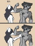  anthro black_hair blue_eyes canid canine canis confusion dialogue duo female flexing flexing_bicep flexing_muscles fur fur_markings grey_body grey_fur hair hand_on_chest hand_on_pec hi_res kailun_setra katie_knightfall_(character) male male/female mammal markings setriaphtfj sketch sketchy smug white_body white_fur wolf 
