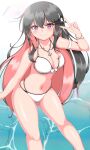  1girl absurdres anchor_pendant bikini black_hair breasts cleavage closed_mouth colored_inner_hair commentary_request fang front-tie_bikini_top front-tie_top hairband highres itsuya_(hmizugucti) jewelry kantai_collection large_breasts leaning_forward long_hair multi-strapped_bikini_bottom multicolored_hair naganami_(kancolle) naganami_kai_ni_(kancolle) navel necklace pink_hair purple_eyes skin_fang smile solo swimsuit v variant_set very_long_hair water white_bikini white_hairband 