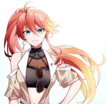  1girl ahoge bare_shoulders blonde_hair crop_top detached_sleeves double-parted_bangs earrings eiyuu_densetsu eyewear_hang green_eyes hair_between_eyes jewelry judith_lanster kuro_no_kiseki_(series) kuro_no_kiseki_ii looking_at_viewer mulberry804 multicolored_hair navel portrait red_hair simple_background single_earring smile solo streaked_hair sunglasses unworn_eyewear white_background 