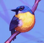 2023 adobe_photoshop_(artwork) alice_pisoni ambiguous_feral ambiguous_gender artist_name avian beak bird black_beak black_tail blue-and-yellow_tanager blue_body blue_feathers blue_sky branch colored digital_drawing_(artwork) digital_media_(artwork) english_description feathered_wings feathers feral folded_wings hi_res multicolored_body multicolored_feathers on_branch open_beak open_mouth oscine outside passerine perching purple_tongue red_eyes shaded sky solo tail tail_feathers tanager text tongue wings yellow_body yellow_feathers