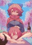  1girl barefoot black_shirt blue_sky blurry bottle bow breasts cherry_blossoms cloak closed_mouth commentary_request day depth_of_field disembodied_head falling_petals hair_bow highres hinataku1222 long_sleeves outdoors petals pink_petals red_cloak red_eyes red_hair red_skirt ribbon-trimmed_bow ribbon_trim sekibanki shirt sitting skirt sky smile solo toes touhou 