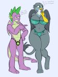 3:4 anthro avian big_breasts border bra breasts bulge chest_tuft cleavage clothed clothing dialogue dragon duo english_text female friendship_is_magic gabby_(mlp) gryphon hi_res lurking_tyger male my_little_pony mythological_avian mythology panties simple_background spike_(mlp) text tuft underwear white_border wide_hips 