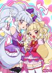  2girls :o aisaki_emiru alternate_hairstyle arrow_(symbol) ascot bare_shoulders black_thighhighs blonde_hair blue_hat blunt_bangs boots bow bow-shaped_hair bowtie coattails collar colorful_background cowboy_shot cure_amour cure_macherie detached_sleeves diamond_brooch dot_nose dress drill_hair earrings frilled_ascot frilled_dress frilled_headwear frilled_sleeves frilled_thighhighs frills gloves grey_hair hairstyle_switch hand_in_own_hair happy hat hat_bow highres hugtto!_precure jewelry large_earrings lipstick long_hair long_sleeves magical_girl makeup mascara mini_hat multiple_girls oekakisuru13 open_mouth outline pink_ascot pink_dress pink_gloves pink_shirt polka_dot polka_dot_background pom_pom_(clothes) pom_pom_earrings precure puffy_short_sleeves puffy_sleeves purple_boots purple_bow purple_dress purple_eyes red_bow red_bowtie red_eyes red_lips ruru_amour shirt shirt_under_dress short_dress short_sleeves signature sleeveless sleeveless_dress smile standing tareme thigh_boots thigh_strap thighhighs twin_drills twintails two_side_up very_long_hair wavy_hair white_gloves white_outline white_sleeves white_thighhighs yellow_brooch zettai_ryouiki 