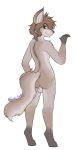  1:2 2020 alpha_channel animal_genitalia anthro balls barefoot biped brown_hair butt canid canine canis countersahde_face countershading digital_media_(artwork) digitigrade eyebrows fluffy fluffy_tail fur genitals gloves_(marking) green_eyes grey_body grey_fur grey_nose hair hi_res kagami_katto leg_markings looking_at_viewer looking_back male mammal markings multicolored_body multicolored_fur pinup pose rear_view signature simple_background smile socks_(marking) solo wolf wolfie-pawz 