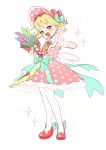  1girl absurdres amitie_(puyopuyo) amitie_(spotlight)_(puyopuyo) artist_name belt block_heels blonde_hair blue_belt blue_bow blue_flower bonnet bouquet bow bow_hairband bowtie commentary dress flat_chest flower flower_request footwear_bow full_body gloves green_eyes green_flower hairband hand_up hat hat_bow high_heels highres holding holding_bouquet looking_at_viewer motimoti_mgmg open_mouth pantyhose pink_dress pink_hat polka_dot polka_dot_dress polka_dot_headwear purple_flower puyopuyo puyopuyo_quest red_bow red_hairband red_shoes see-through_clothes see-through_gloves shoes short_hair simple_background sleeveless sleeveless_dress smile solo sparkle standing twitter_username v white_background white_flower white_pantyhose yellow_bow 