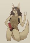  5_fingers anthro aqualung canid canine canis clothed clothing dildo domination female female_domination fingers genitals hi_res jackal mammal mervvin pussy sex_toy simple_background solo strapon 