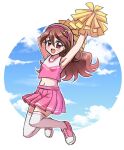  1girl :d arm_behind_head arm_up armpits bare_arms blue_sky brown_hair cloud full_body hair_between_eyes hair_ornament hairband hakuchuu jumping kimi_to_idol_precure long_hair looking_at_viewer midriff miniskirt musical_note musical_note_hair_ornament navel outline pink_hairband pink_shoes pink_skirt pink_tank_top pink_trim pleated_skirt pom_pom_(cheerleading) precure red_eyes sakura_uta_(precure) shoes skirt sky smile solo stomach tank_top thighhighs white_outline white_thighhighs white_trim zettai_ryouiki 