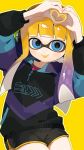  1girl :q black_shorts blonde_hair blue_eyes commentary_request dolphin_shorts gradient_hair heart heart_hands heart_in_heart_hands highres inkling inkling_girl inkling_player_character long_hair looking_at_viewer multicolored_hair outline purple_hair sabata_saba shorts solo splatoon_(series) splatoon_3 tentacle_hair tongue tongue_out two-tone_hair yellow_outline 