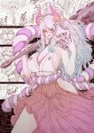  1girl armpits bare_arms breasts cleavage clothing_cutout club_(weapon) curled_horns dress eyelashes glasses hair_ornament hair_stick hakama hakama_pants highres holding holding_mask horns japanese_clothes jun_wu_mo kimono large_breasts legs long_hair looking_at_viewer low-cut_armhole mask multicolored_horns one_piece oni pants red-framed_eyewear red_hakama rope shimenawa side_cutout sleeveless sleeveless_dress sleeveless_kimono smile thighs weapon yamato_(one_piece) 