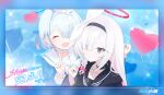  2girls absurdres arona_(blue_archive) black_choker black_hairband black_jacket black_sailor_collar black_shirt blue_hair blue_halo blue_shirt blush choker closed_eyes closed_mouth expressionless grey_eyes hair_over_one_eye hair_ribbon hairband halo hayate_(1034853996) heart highres jacket long_hair multiple_girls open_clothes plana_(blue_archive) pointing pointing_up red_halo ribbon sailor_collar shirt short_hair sidelocks upper_body white_choker white_hair white_hairband white_ribbon white_sailor_collar 