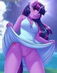  2020 5_fingers anthro clothed clothing clothing_lift cloud cutie_mark digital_media_(artwork) equid eyelashes female fingers friendship_is_magic hi_res horn looking_at_viewer mammal my_little_pony outside purple_eyes smile solo text twilight_sparkle_(mlp) twistedscarlett60 unicorn url 