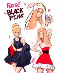  1girl artist_name_(singer) black_skirt blackpink blonde_hair commentary dresarts dress english_commentary group_name hand_on_own_hip heart highres holding holding_microphone jewelry k-pop long_hair looking_to_the_side making-of_available microphone multiple_views necklace ponytail real_life rose_(blackpink) santa_costume santa_dress simple_background skirt smile solo white_background 