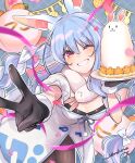  1girl absurdres animal_ear_fluff animal_ears black_gloves black_leotard black_pantyhose blue_background blue_hair blue_ribbon blurry blurry_foreground blush bow braid breasts carrot carrot_hair_ornament cleavage clothing_cutout commentary_request confetti detached_sleeves don-chan_(usada_pekora) dress dress_ribbon eyelashes food food-themed_hair_ornament fur-trimmed_dress fur-trimmed_gloves fur_scarf fur_trim gloves grid_background grin hair_between_eyes hair_bow hair_ornament hand_up heart highres holding holding_plate hololive leaning_forward leotard long_bangs long_hair looking_at_viewer multicolored_hair nibochoro one_eye_closed outstretched_arm pantyhose plate playboy_bunny puffy_short_sleeves puffy_sleeves rabbit-shaped_pupils rabbit_ears rabbit_girl reaching reaching_towards_viewer red_eyes ribbon scarf short_eyebrows short_sleeves sidelocks signature small_breasts smile strapless strapless_dress strapless_leotard symbol-shaped_pupils thick_eyebrows twin_braids two-tone_hair underboob_cutout underbust usada_pekora usada_pekora_(1st_costume) v virtual_youtuber white_bow white_dress white_hair white_scarf 