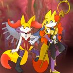 anthro bandai_namco braixen canid canine clothing cosplay d-reaper digimon digimon_(species) elanor ele female femboy fox generation_6_pokemon hi_res kitsunekotaro male mammal nintendo pokemon pokemon_(species) renamon sakuyamon skinsuit staff suit tight_clothing vesta