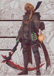  1boy blonde_hair blue_eyes earrings gloves highres holding holding_lantern holding_sickle jewelry jun_wu_mo lantern link male_focus pointy_ears princess_zelda sickle sidelocks the_legend_of_zelda the_legend_of_zelda:_tears_of_the_kingdom weapon 