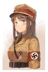  1girl armband belt blue_eyes brown_hair commentary germany hat highres iron_cross long_hair military military_hat military_uniform nazi necktie original solo swastika unicron_(brous) uniform upper_body world_war_ii 