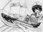  1girl aircraft airship anchor_symbol commentary greyscale hat highres monochrome murasa_minamitsu open_mouth outdoors palanquin_ship sailor sailor_collar sailor_hat sailor_shirt shirt short_sleeves smile solo suteruko touhou traditional_media 