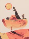  dkaism floating full_body looking_at_another orange_robe original outstretched_arm painterly reaching robe severed_arm severed_limb shadow simple_background standing statue sun surreal white_background 