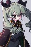  1girl anchovy_(girls_und_panzer) anzio_military_uniform arms_under_breasts belt black_bow black_coat black_necktie black_ribbon bow coat crossed_arms drill_hair epaulettes girls_und_panzer green_hair grey_background grey_jacket hair_bow hair_ribbon jacket long_hair looking_at_viewer military military_jacket military_uniform natsusa_(nts_summer) necktie red_eyes ribbon sam_browne_belt simple_background solo twin_drills 