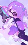  1girl chiru_spla27 closed_mouth commentary_request gun highres holding holding_gun holding_weapon ink_tank_(splatoon) inkling inkling_girl inkling_player_character long_hair looking_at_viewer pink_eyes pleated_skirt pointy_ears purple_skirt shirt short_eyebrows skirt solo splatoon_(series) splatoon_3 splattershot_(splatoon) tentacle_hair thick_eyebrows thighhighs two_side_up weapon white_shirt white_thighhighs 