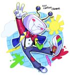  1boy ant_tenna blue_pants blush_stickers bow bowtie commentary crayon crt deltarune drawloverlala english_commentary full_body hand_in_pocket jacket male_focus multicolored_jacket multicolored_shoes object_head open_clothes open_jacket outline paint_splatter pants patch pointy_nose red_bow red_bowtie shirt solo sun suspenders transparent_background white_shirt yellow_outline 