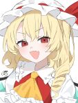  1girl :d absurdres ascot blonde_hair collared_shirt commentary_request crystal_wings double-parted_bangs drill_hair eyelashes fang flandre_scarlet frilled_ascot frilled_shirt_collar frilled_sleeves frills hat hat_ribbon highres homura_(homura_me) light_blush looking_at_viewer medium_hair mob_cap open_mouth puffy_short_sleeves puffy_sleeves red_eyes red_ribbon red_vest ribbon shirt short_sleeves side_drill signature skin_fang smile solo touhou upper_body v-shaped_eyebrows vest white_background white_hat white_shirt yellow_ascot 
