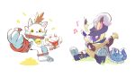  765_nanami absurdres black_boots black_cape black_hat blue_fur body_fur boots cape cat colored_sclera digimon digimon_(creature) guitar hat hat_feather highres holding holding_guitar holding_instrument instrument large_hands maneki-neko manekimon music nyabootmon playing_guitar playing_instrument purple_mask sitting trait_connection wanyamon white_fur yellow_fur yellow_sclera 