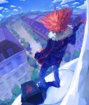  1boy black_pants blue_sky brad_(16325) coat day facing_away fingerless_gloves fur-trimmed_coat fur_trim gloves guitar holding holding_guitar holding_instrument instrument lysandre_(pokemon) male_focus music outdoors pants path playing_instrument pokemon pokemon_xy red_hair sky solo speaker spiked_hair 