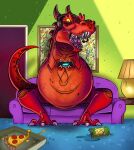  1boy animal beer_belly blue_couch can claws controller couch cup devil_dinosaur dinosaur disposable_cup doorway drink_can dualshock fat fingernails food game_controller gamepad headphones headset holding holding_controller holding_game_controller indoors lamp marvel marvel_snap mike_krahulik official_alternate_costume official_art on_couch open_door painting_(object) penny_arcade picture_frame pizza pizza_box pizza_slice playing_games playstation_controller sharp_fingernails sharp_teeth sharp_toenails soda soda_can tail teeth toenails tyrannosaurus_rex 