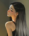  1girl aegyo_sal black_eyes black_hair black_tank_top blush breasts expressionless gradient_hair grey_hair head_tilt highres looking_back multicolored_hair original sam_yang sidelighting simple_background tank_top upper_body 
